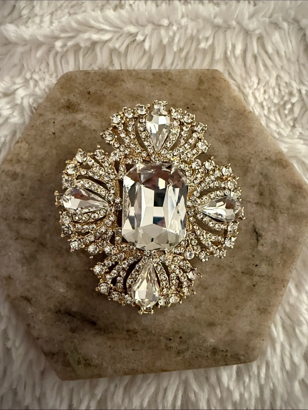 Clear Crystal Statement Brooch - Gold Setting